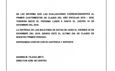 Fecha Exámenes Diciembre 2019 – Primer Período Año Escolar 2019 -2020